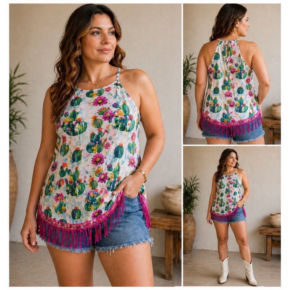 Western Cactus Floral Halter Tank Pink Fringe Boho Festival NWT L Merigold Kiss